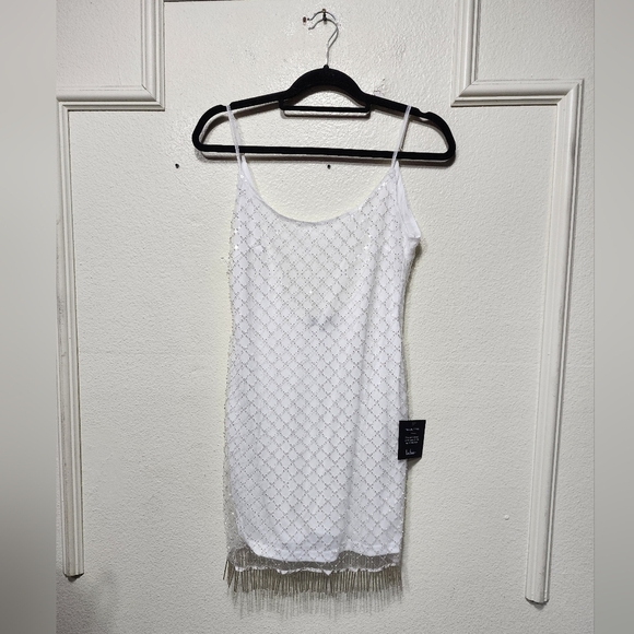 Lulus Destined to Dazzle White Sequin Beaded Fringe Shift Mini Dress XS Wedding - Picture 6 of 13